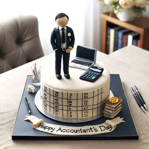 کیک روز حسابدار با تزیین ماشین حساب و کامپیوتر و حسابدار مرد